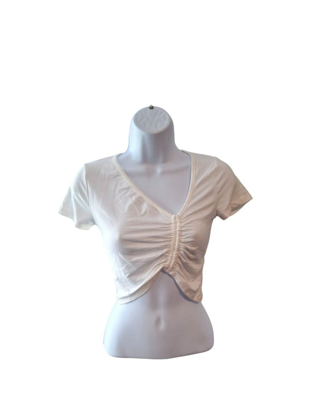 Forever 21 White Ruched Crop Tee S V Neck Y2K Baby Tee Coquette Soft Stretch